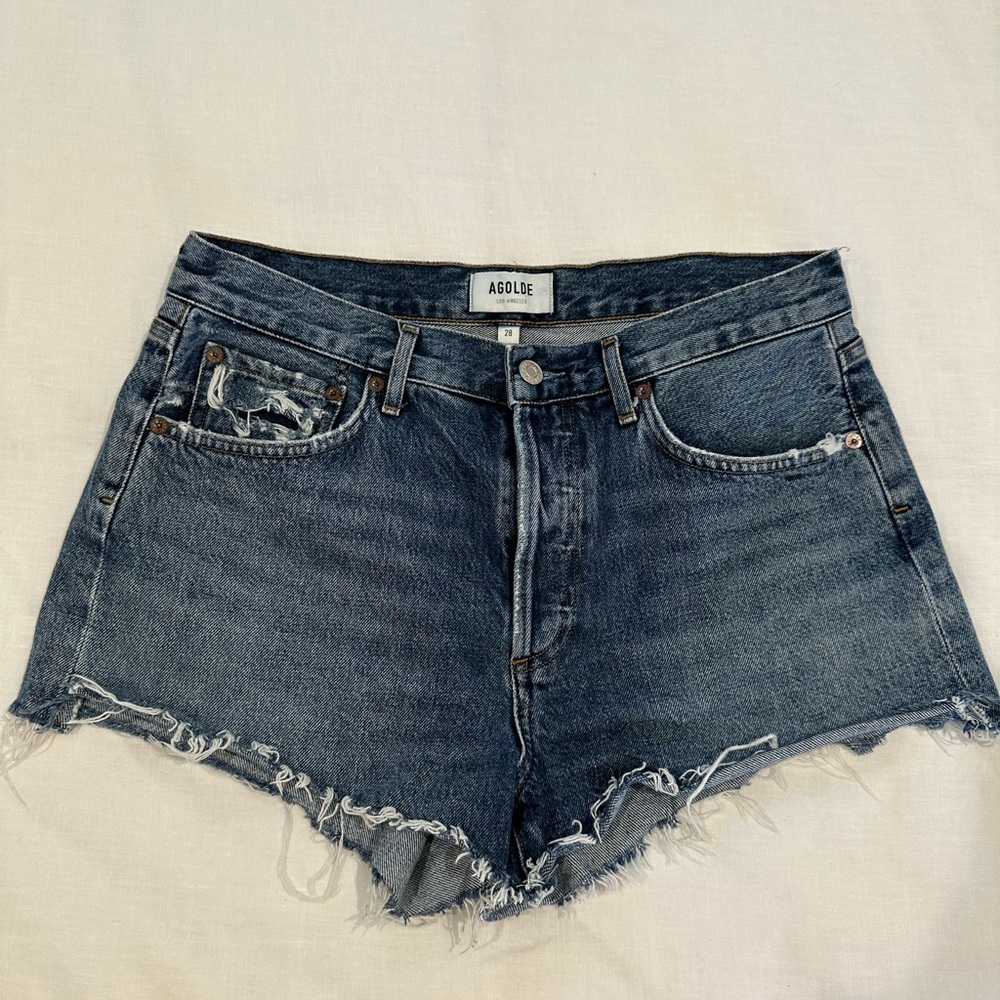 Agolde Blue Jean Shorts with Frayed Hem
